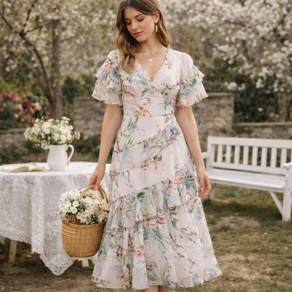 Theia Dresses & Skirts - Theia Floral Ruffle Midi Dress‎ Blush Pink Size 0